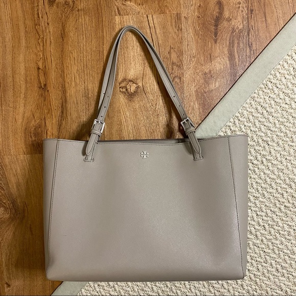 Tory Burch Handbags - Tory Burch Saffiano Leather Laptop Tote Bag Gray Taupe Silver Hardware, dust bag